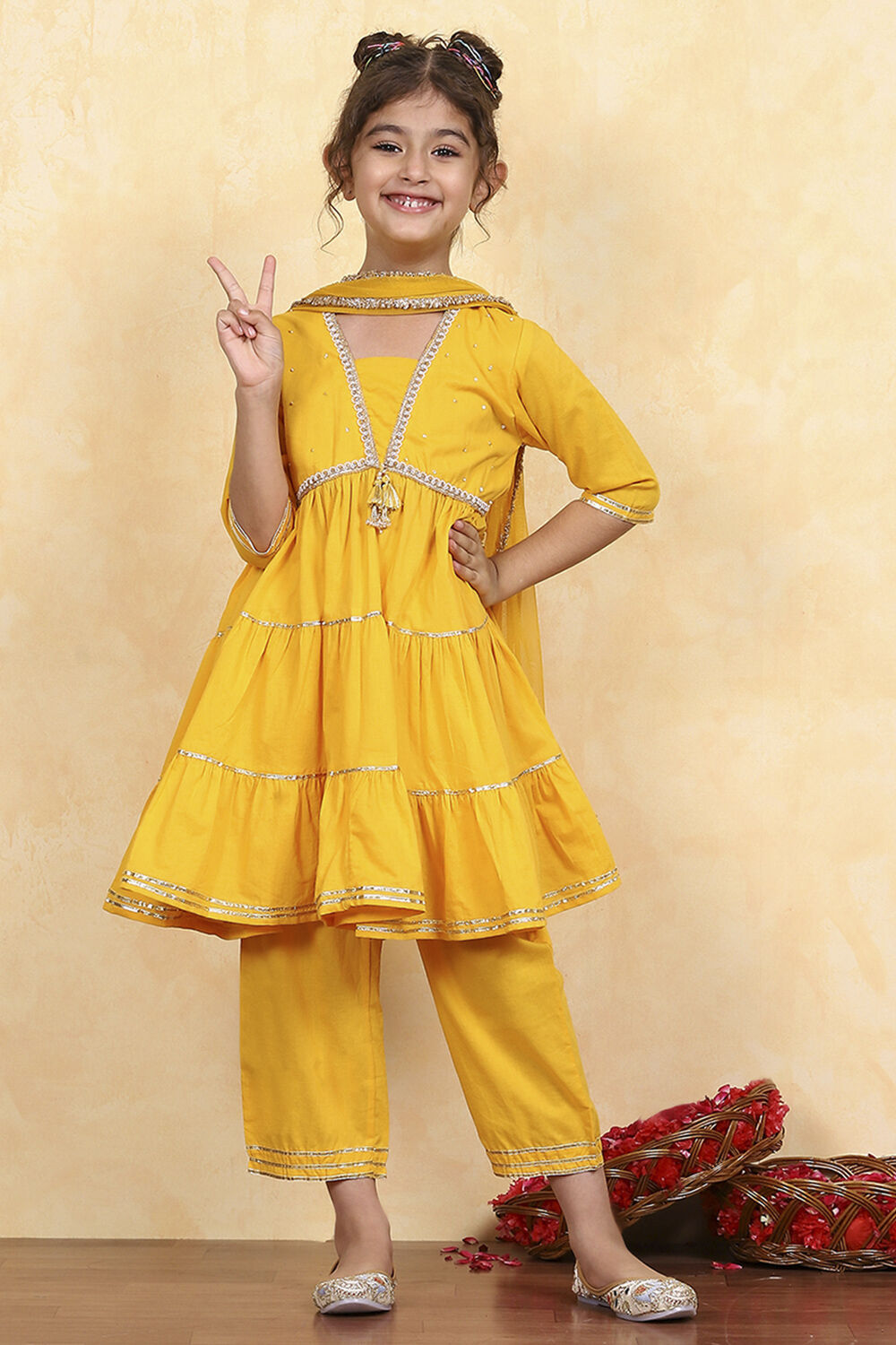 Yellow Cotton Solid Tiered Suit Set image number 0