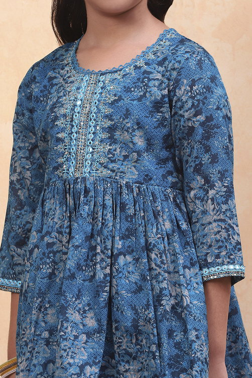 Blue Cotton Floral Printed Peplum Flared Suit Set image number 1