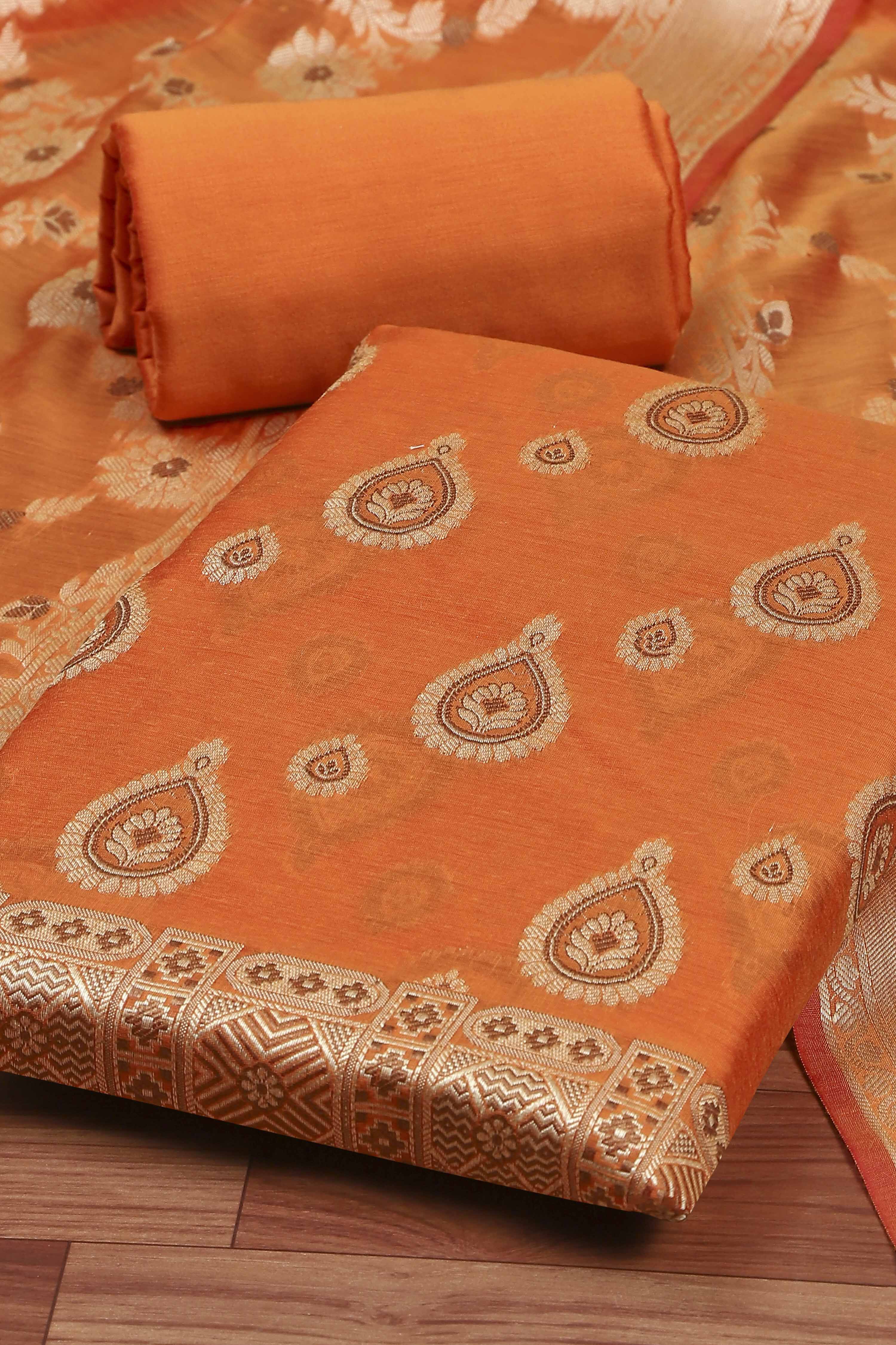 Red Chanderi  Unstitched Suit Set image number 1