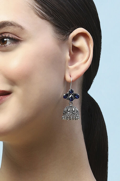 Blue Oxidised Stone Studded Jhumkas image number 3