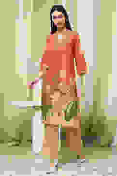 Orange Cotton Blend Schiffli Straight Kurta Set image number 3