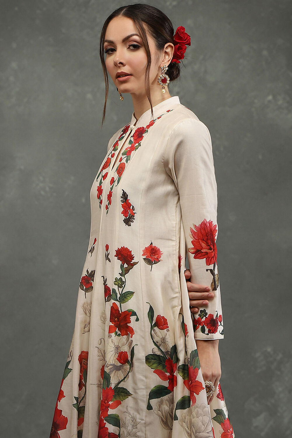 Rohit Bal Ivory Silk Chanderi Floral Printed Kalidar Suit Set image number 1