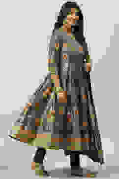 Peacock Blue Cotton Anarkali Kurta Churidar Suit Set image number 6