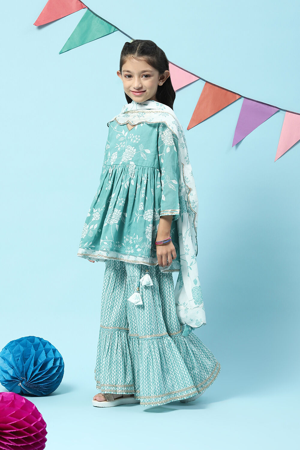 Sea Green Cotton Flared Kurta Garara Suit Set image number 5