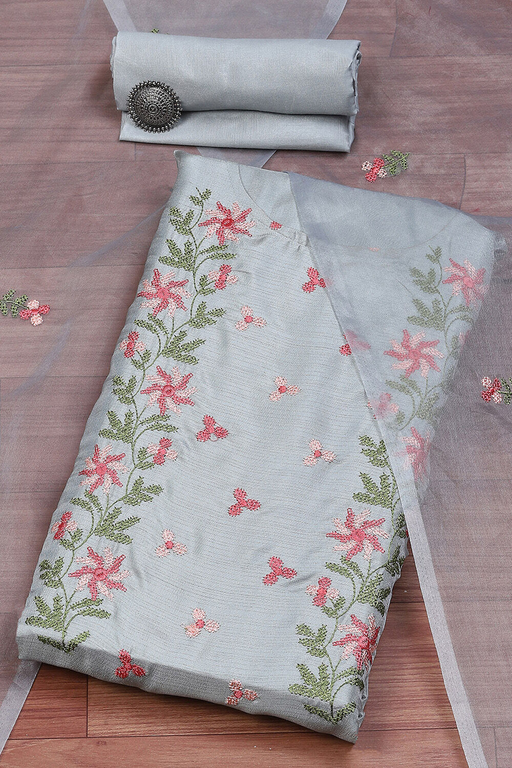 Blue Silk Blend Unstitched Suit Set image number 0