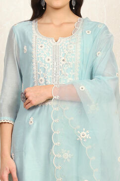 Teal Chanderi Unstitched Suit Set image number 2