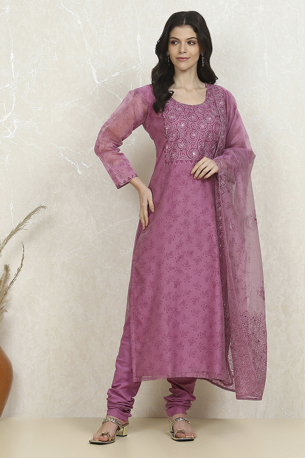 Purple Net Hand Embroidered Unstitched Suit Set image number 7