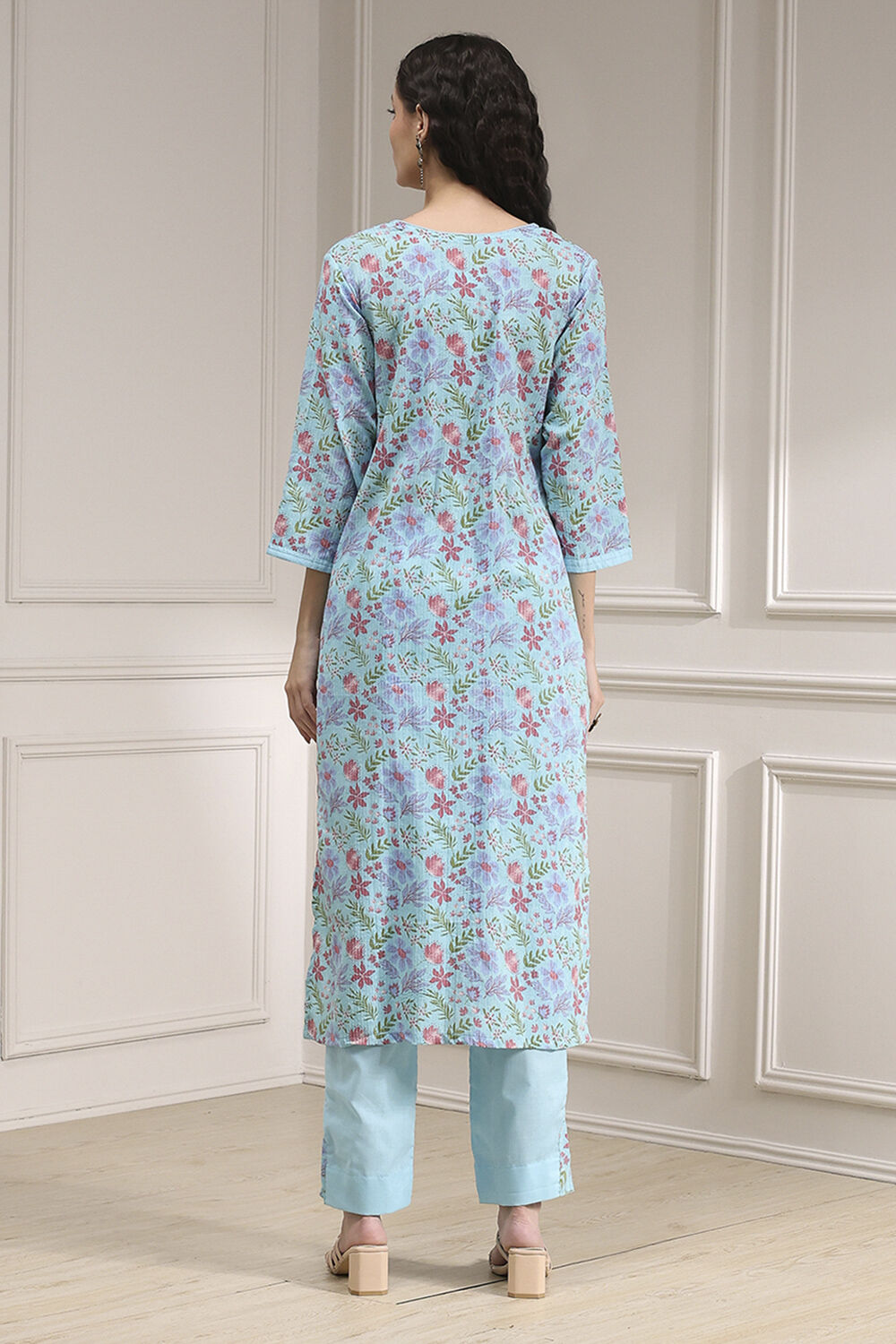 Turquoise Chanderi Handloom Unstitched Suit Set image number 5