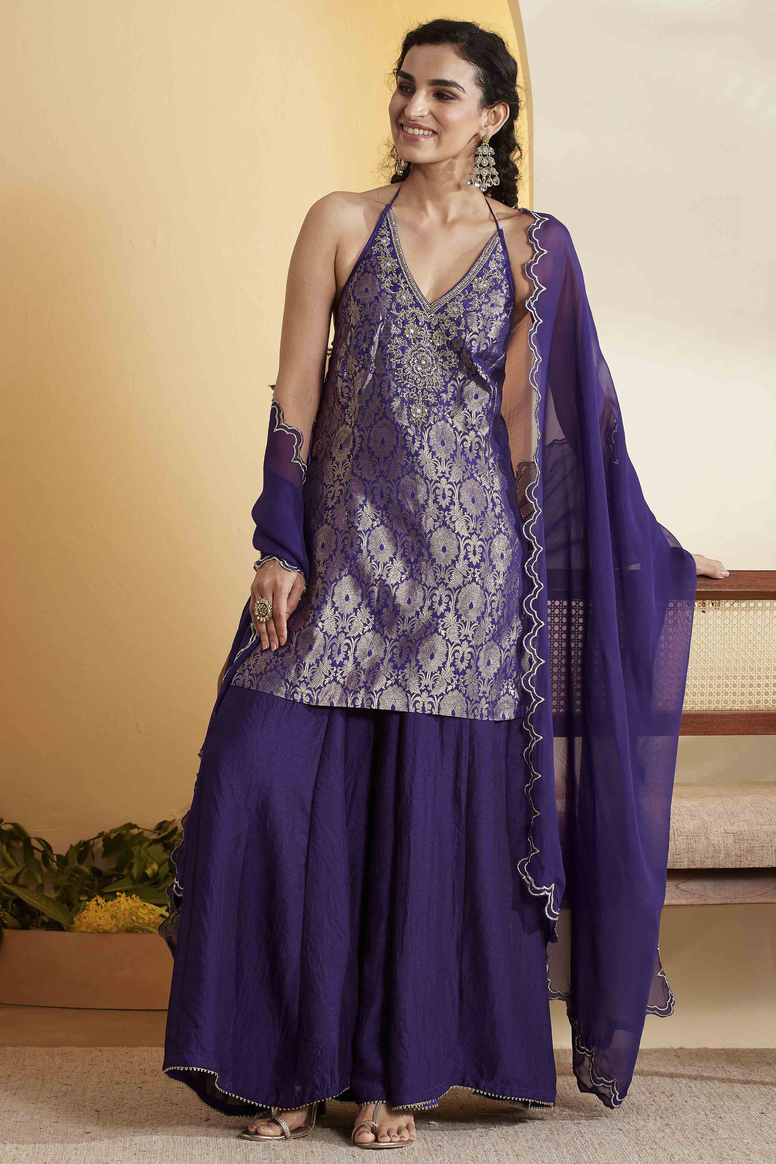 Violet Blue Viscose Rayon Halter Neck Sharara Set image number 0