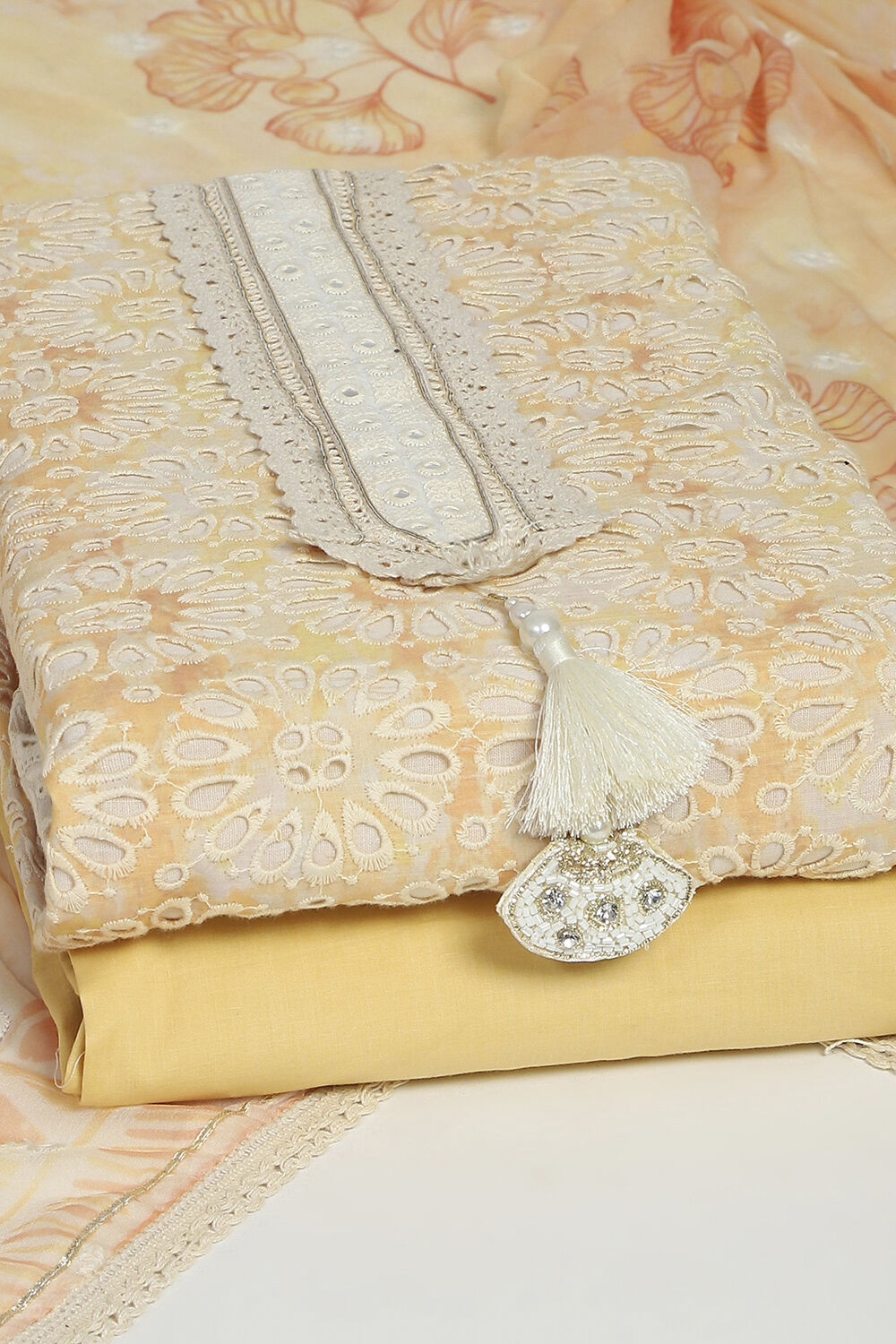 Yellow Cotton Schiffly Unstitched Suit Set image number 3