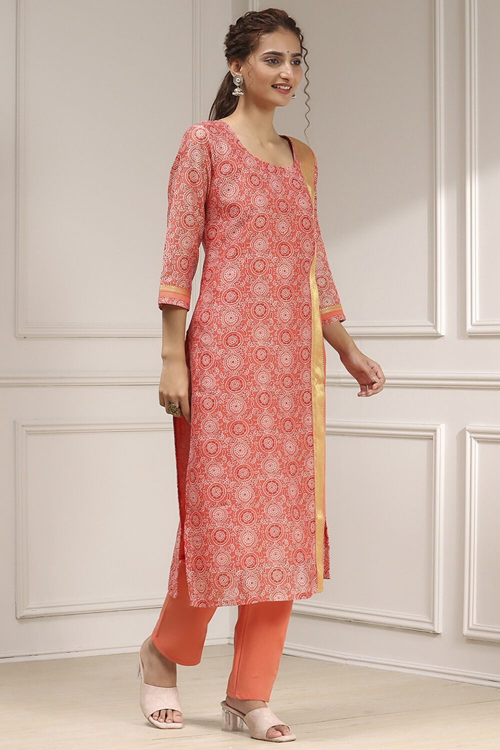 Orange Cotton Digital Print Unstitched Suit Set image number 6