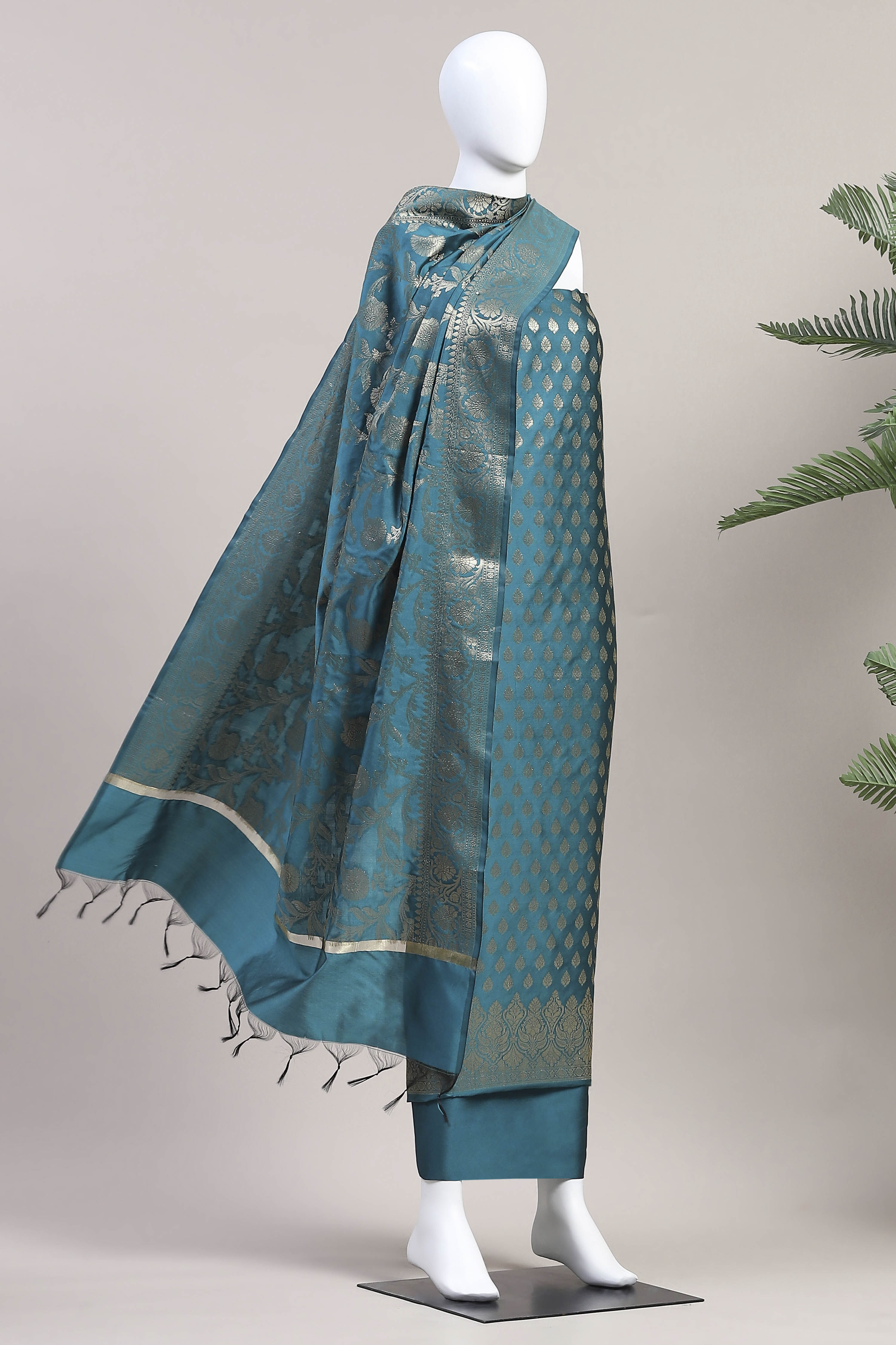 Rama Green Silk Unstitched Suit Set image number 4