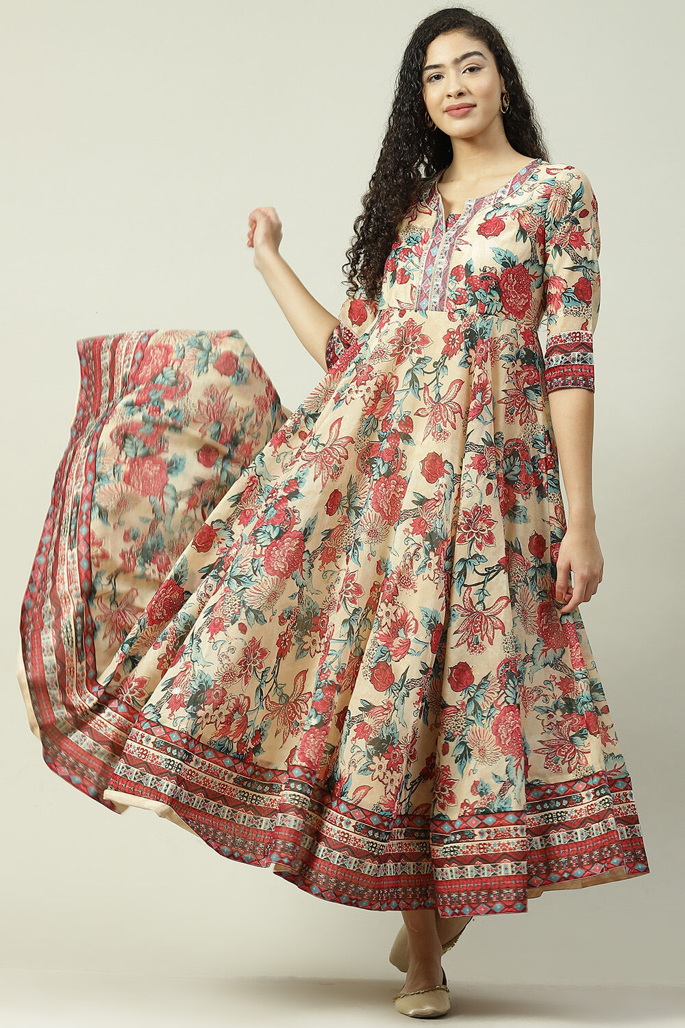 Mustard Poly Cotton Flared Fusion Printed Dress image number 0