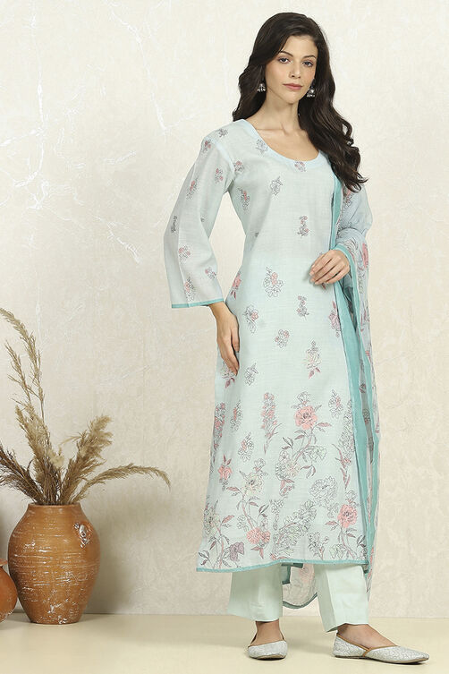 Sea Green Linen Unstitched Suit Set image number 6