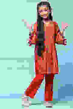 Red Printed Gathered Kurta With Red Solid Pant image number 0