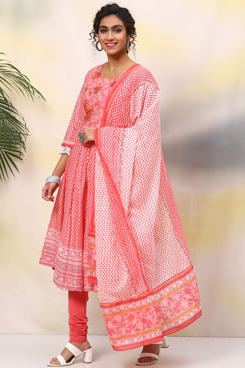Coral Red Cotton Anarkali Kurta Churidar Suit Set image number 5
