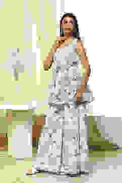 Off-White and Blue Cotton Flared Kurta Set image number 3