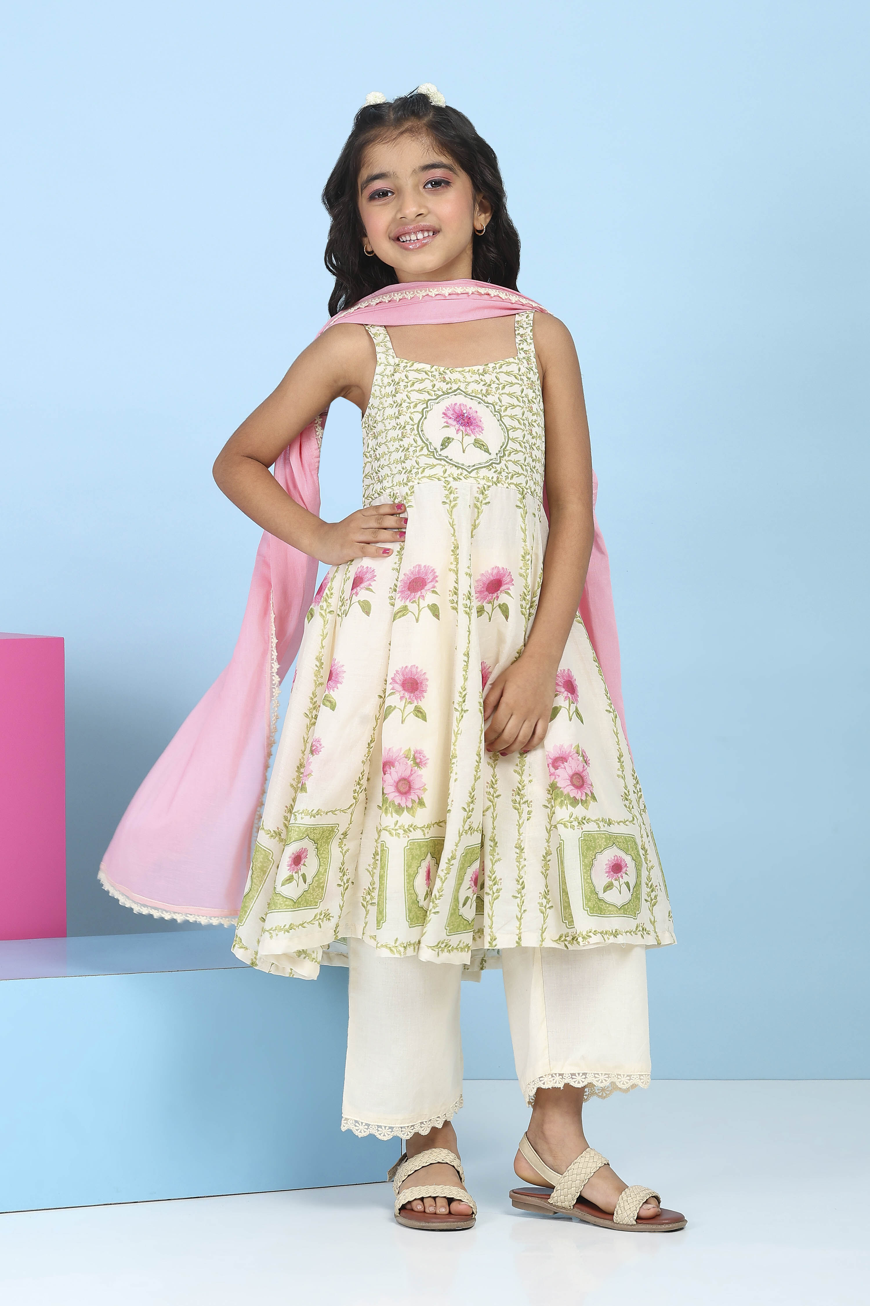 Neutral Cotton Printed Anarkali Suit Set image number 6