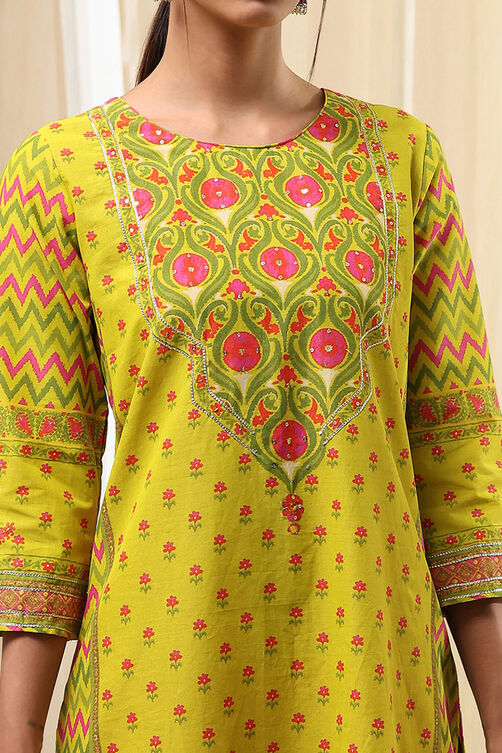 Green Cotton Printed Straight Kurta image number 1