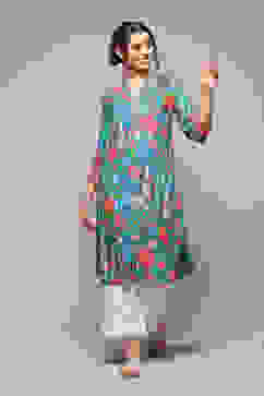 Teal LIVA Straight Printed Kurta image number 1