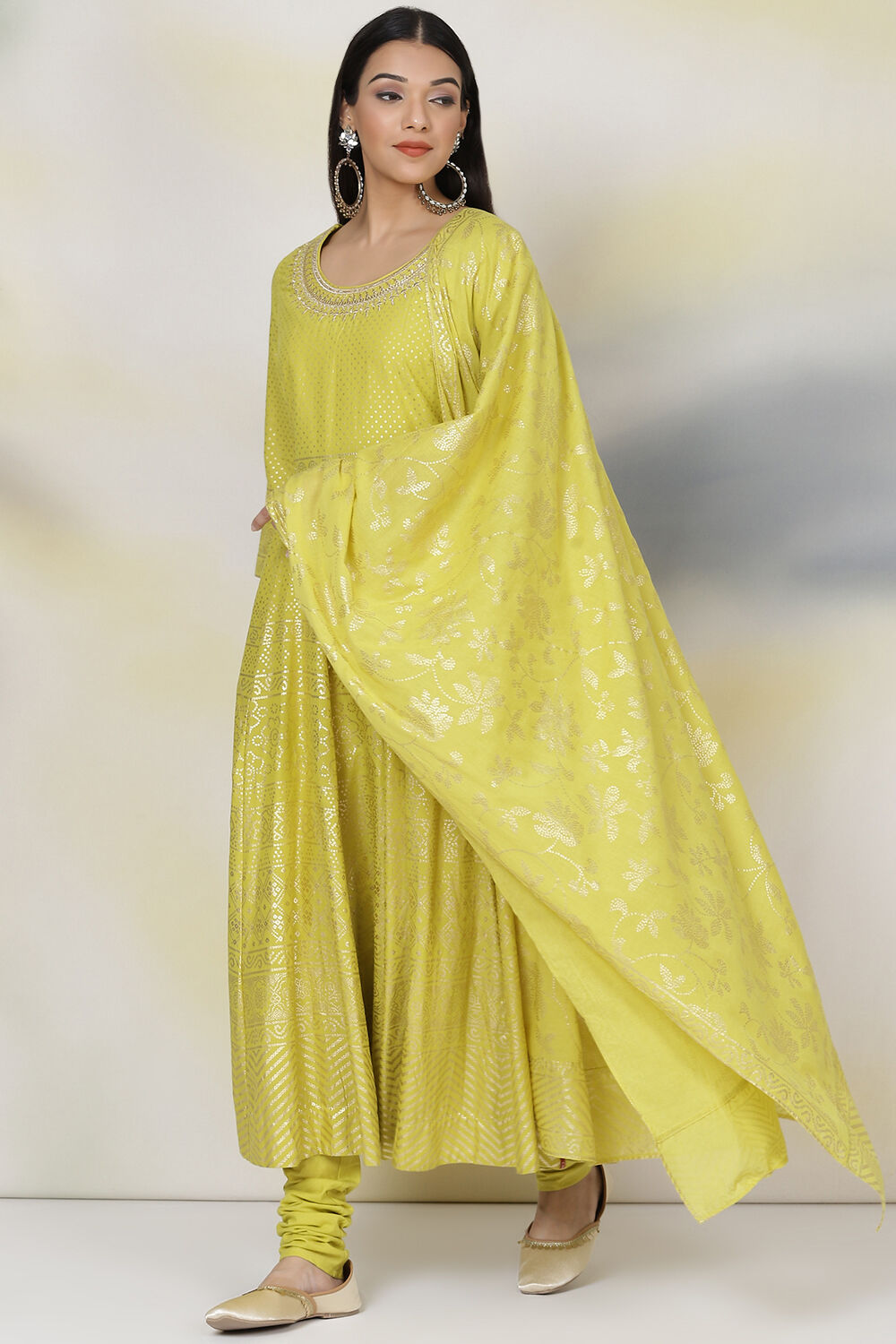 Lime Green Cotton Anarkali Kurta Churidar Suit Set image number 4