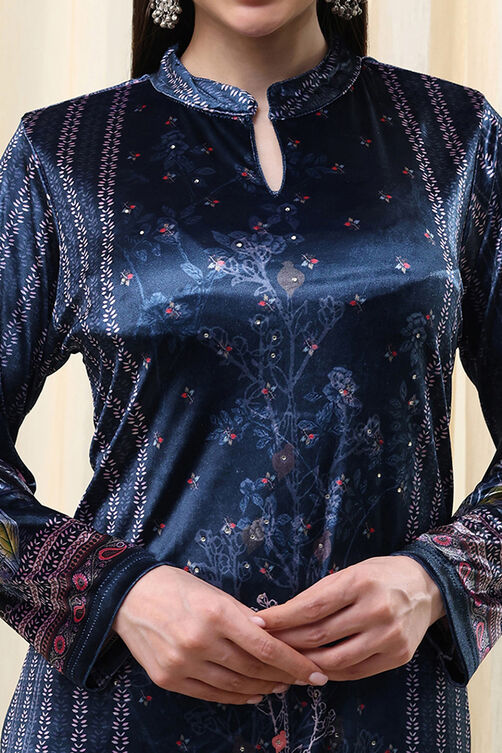 Petrol Blue Polyester Straight Printed Kurta Slim Pant Suit Set image number 1