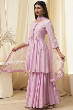 Pink Cotton Metallic Polka Dots Flared Suit Set image number 3