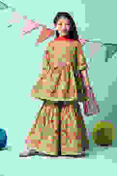 Lime Green Cotton Gathered Printed Kurta Sharara Suit Set image number 0