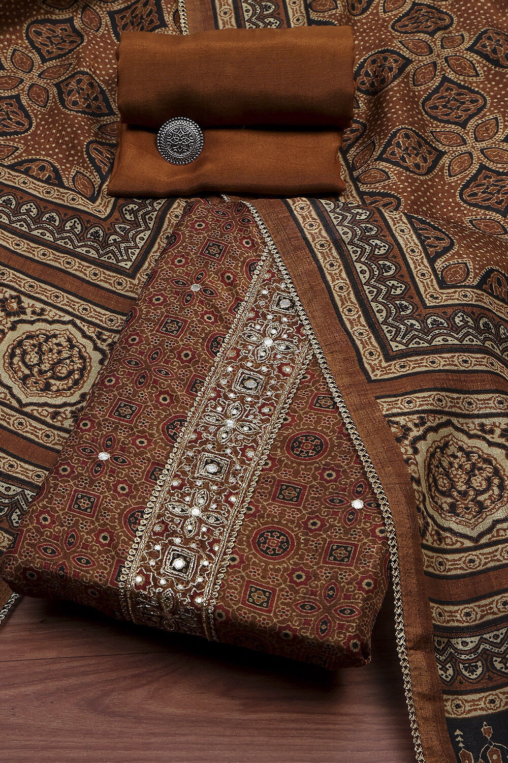 Wine Silk Blend Hand Embroidered Unstitched Suit Set image number 0