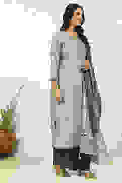 Grey Silk Blend Digital Print Unstitched Suit Set image number 6