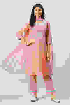 Blush Peach Yarndyed A-Line Kurta Regular Pants Suit Set image number 7