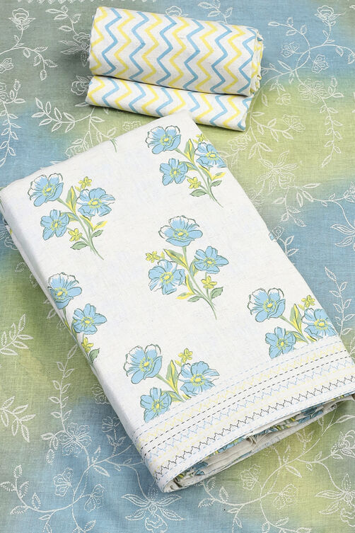 Beige-Blue Cotton Unstitched Suit Set image number 3