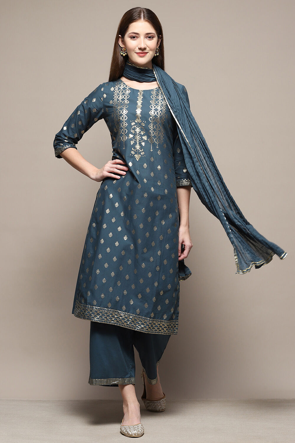 Blue Cotton Straight Kurta Palazzo Suit Set image number 0