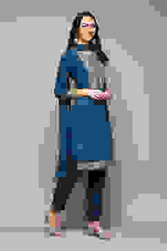 Teal Straight Kurta Pant Suit Set image number 6