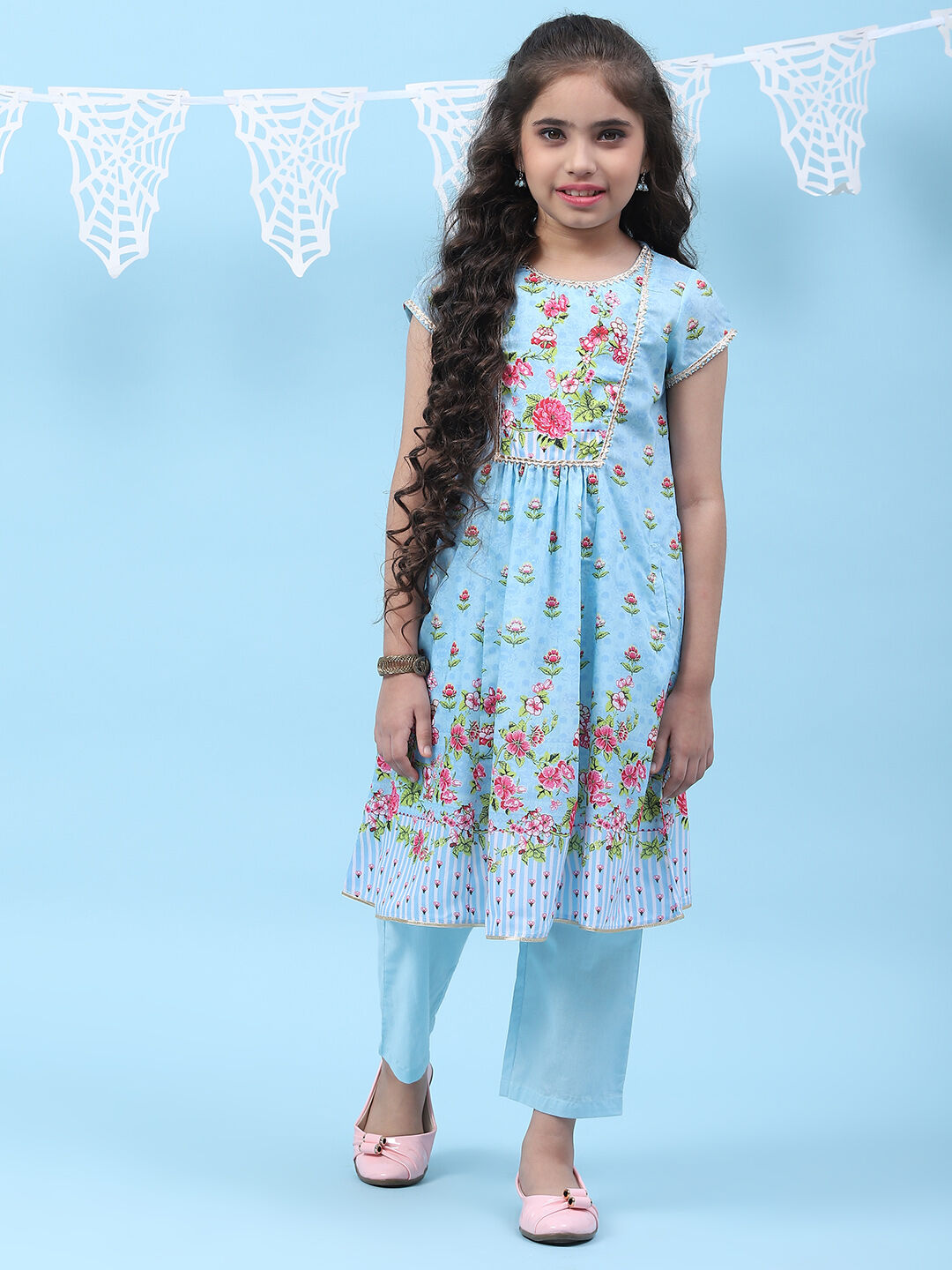 Sky Blue Art Silk Straight Printed Kurta Set image number 5