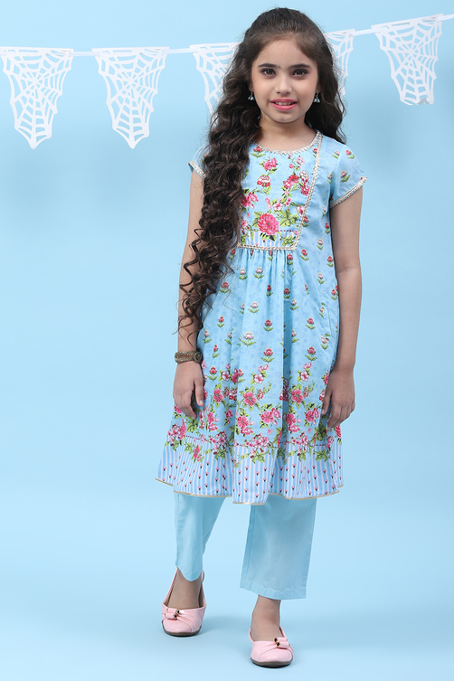 Sky Blue Art Silk Straight Printed Kurta Set image number 5
