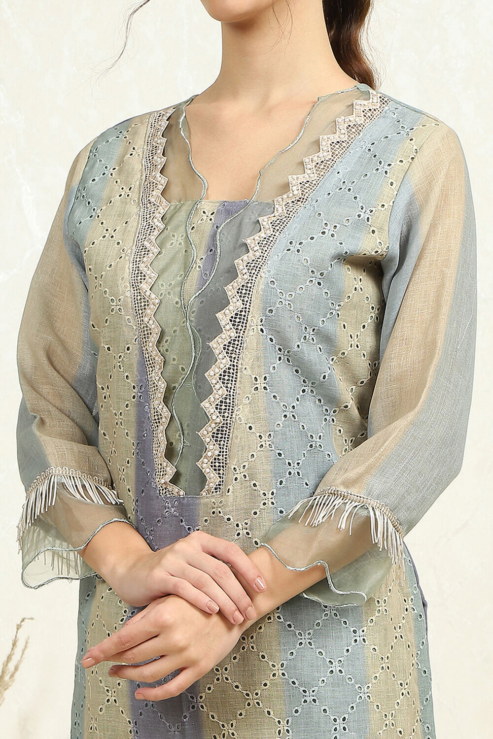 Green Cotton Blend Schiffli Unstitched Suit Set image number 6