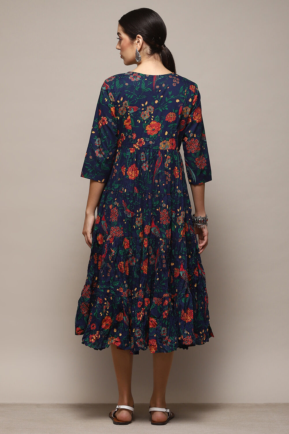 Green & Maroon Cotton Flared Printed Dress image number 3