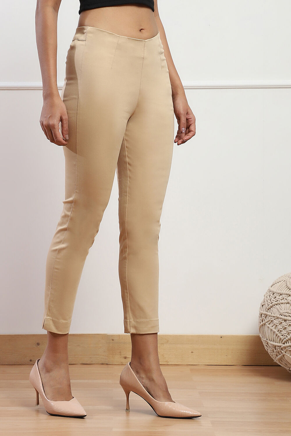 Beige Cotton Blend Slim Pant image number 3