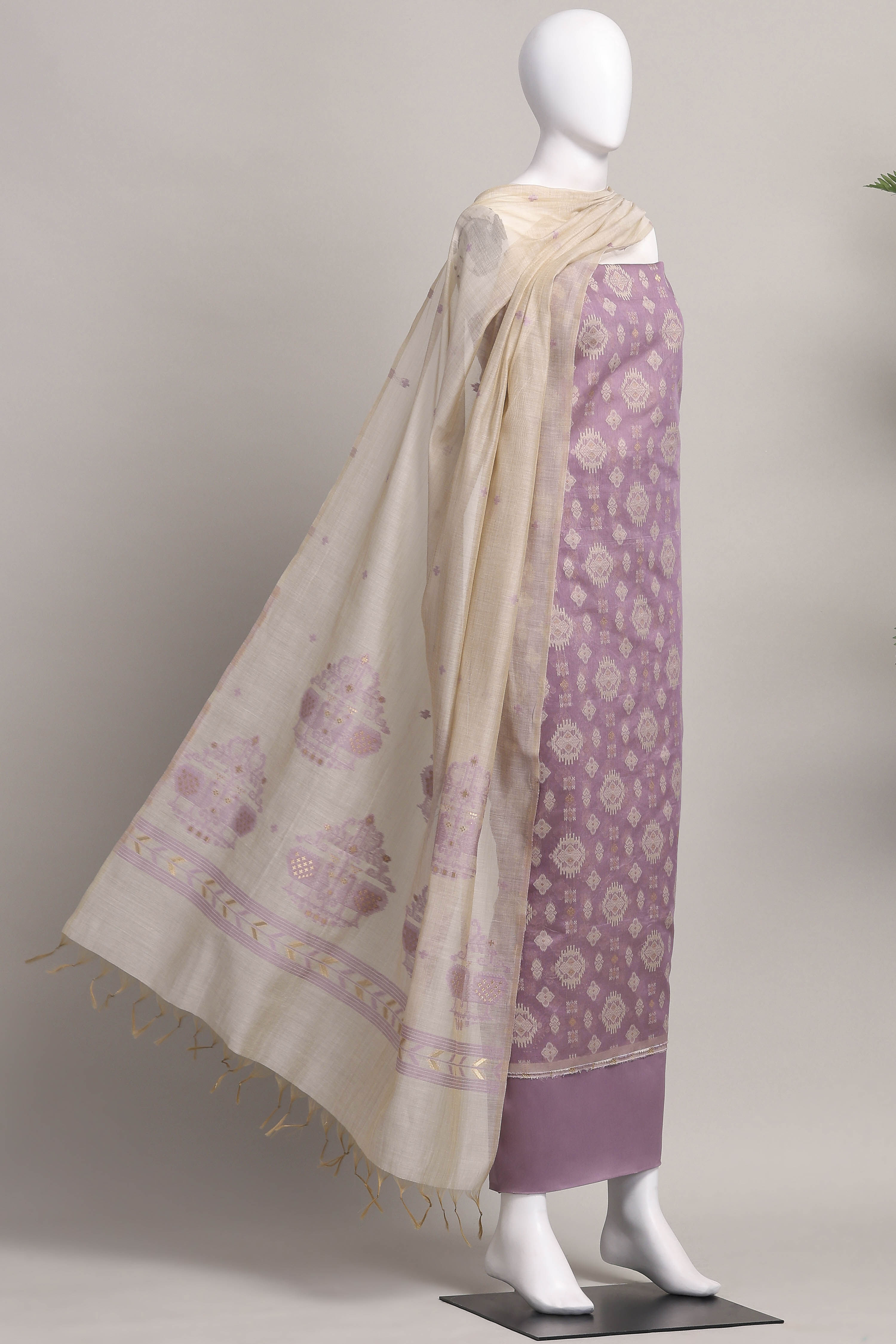 Purple Cotton Jamdani Unstitched Suit Set image number 4