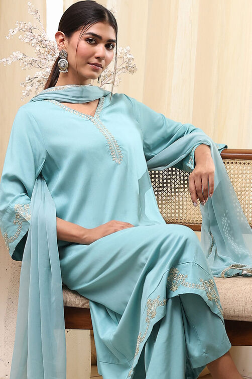 Dull Blue Solid A-Line Suit Set image number 7