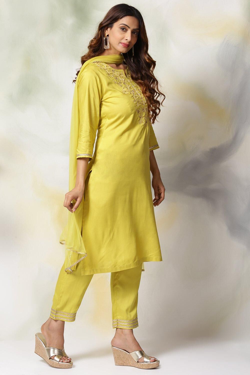 Saffron Rayon Straight Kurta Pants Suit Set image number 7