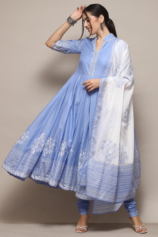 Black Cotton Anarkali Printed Kurta Churidar Suit Set image number 7