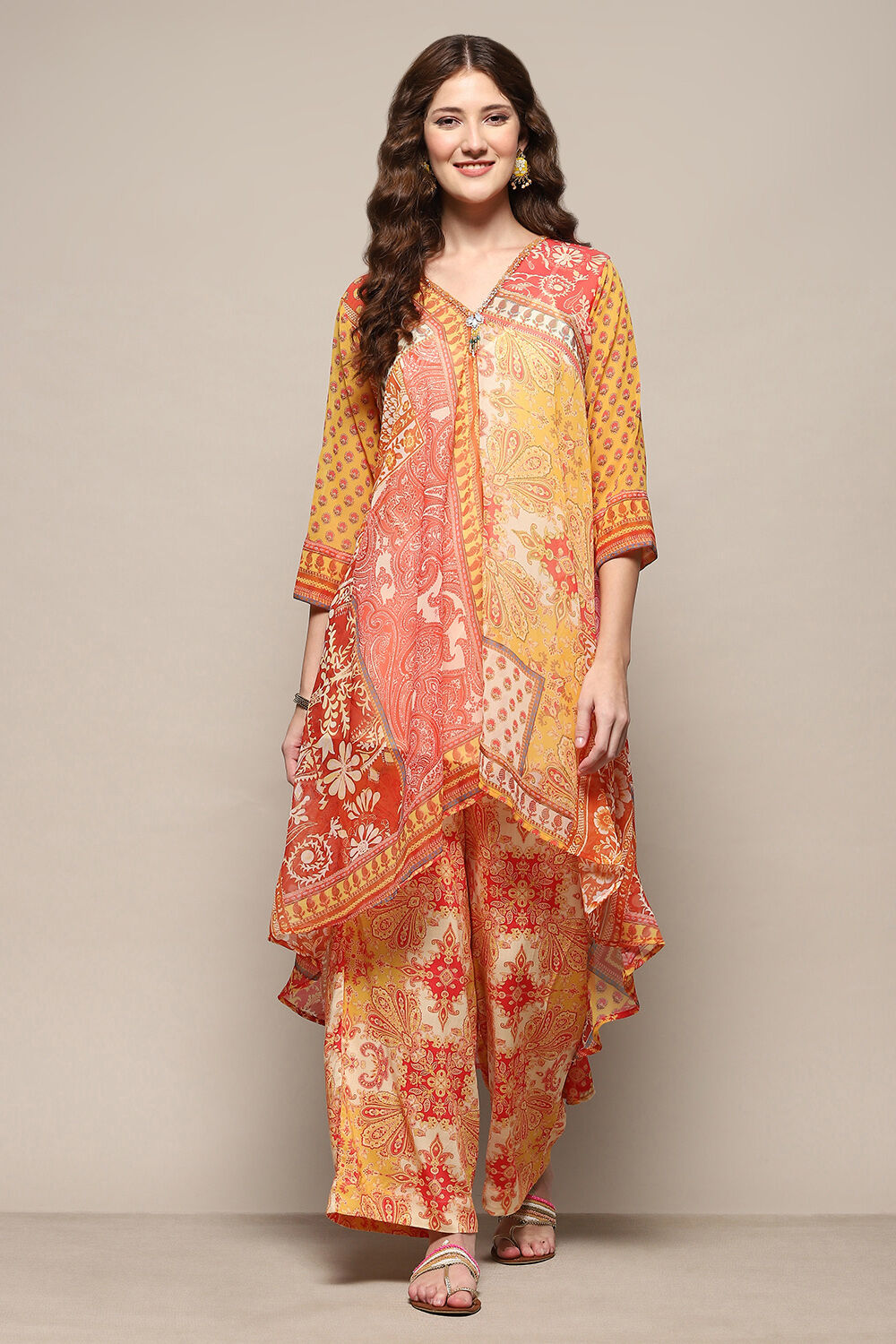 Yellow Printed Asymmetric Kurta & Palazzo Suit Set image number 0