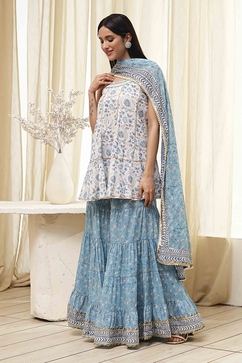 White and Blue Cotton Floral Flared Suit Set image number 3