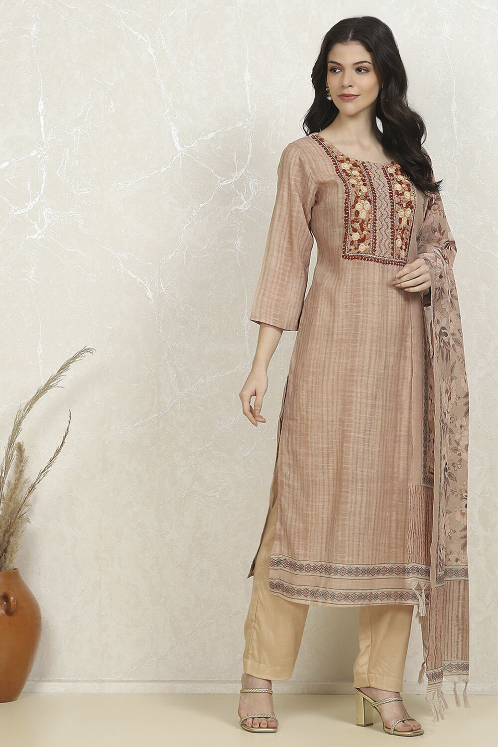 Beige Chanderi Hand Embroidered Unstitched Suit Set image number 6