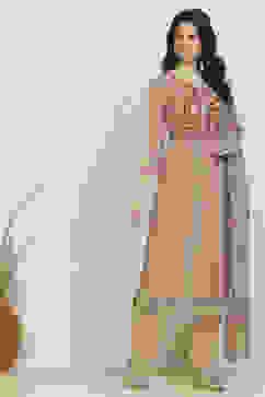 Beige Chanderi Hand Embroidered Unstitched Suit Set image number 6