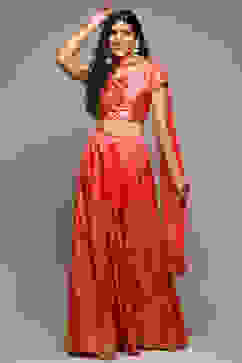 Coral Pink Cotton Blend Lehenga Set image number 0