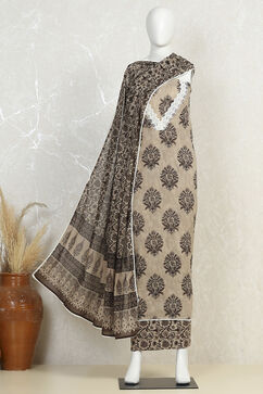 Brown Cotton Screen Print Unstitched Suit Set image number 4