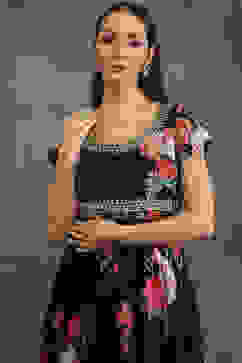 Rohit Bal Black Silk Chanderi Floral Printed Anarkali Suit Set image number 1